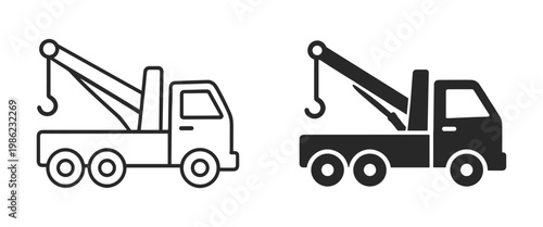 Tow truck lifting vehicle crane outline icon set on transparent background
