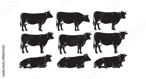 Collection of nine cow silhouettes standing and lying down showing udders in various poses on white background.