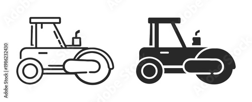 Road roller compacting asphalt construction outline icon set on transparent background