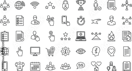 Business and communication line icons collection with teamwork, technology, security and interface symbols vector set