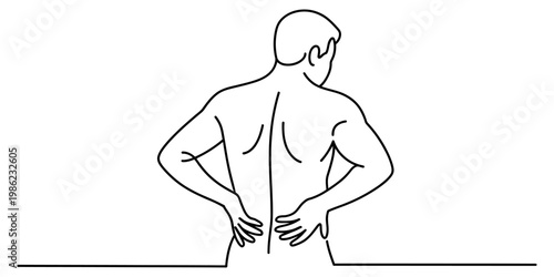 Continuous line drawing of a shirtless man holding his lower back due to pain or injury Vector, illustration