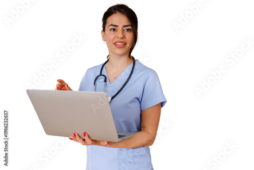 Female nurse holding laptop and interacting, providing telemedicine consultation, virtual healthcare and medical support