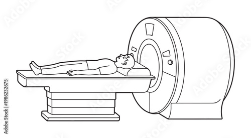 MRI scan procedure illustration healthcare diagnostic imaging test, magnetic resonance examination concept, hospital medical equipment, vector flat design