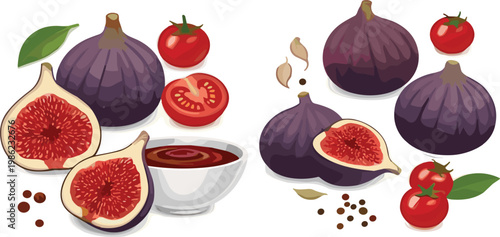 Fresh fig fruits with slices and jam bowl vector illustration set isolated on white background