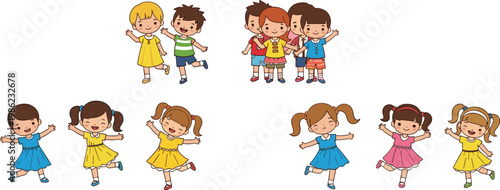 Happy children playing and jumping collection with boys and girls in different poses isolated vector illustration set