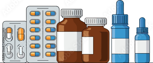 Medical Cannabis Laboratory and Pharmaceutical Medicine Vector Set with Marijuana Leaves Bottles Pills Syringes and Healthcare Research Equipment