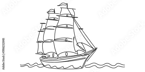 Minimalist continuous line drawing of a classic multi-masted sailing ship on ocean waves Vector, illustration