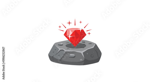 A vibrant red faceted ruby gemstone sparkles brilliantly while resting upon a textured grey rock pedestal within a minimalist and bright white environment.