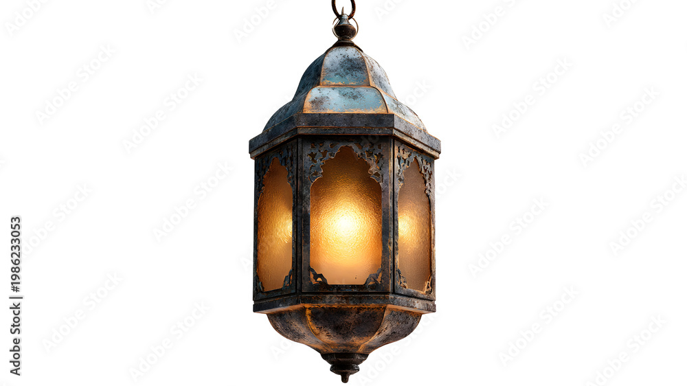 Fototapeta premium Rustic Metal Lantern Glowing Warm Light in Dark Night