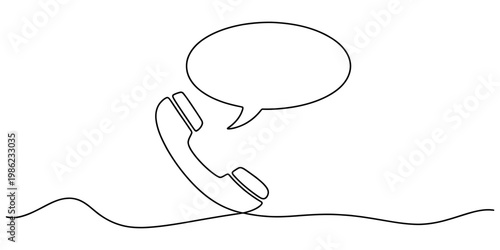 Continuous line drawing of a telephone handset with a speech bubble for communication concept Vector, illustration