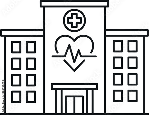 Minimalist line art illustration of a professional hospital building featuring a heart beat symbol and a medical cross for healthcare and clinical facility branding projects