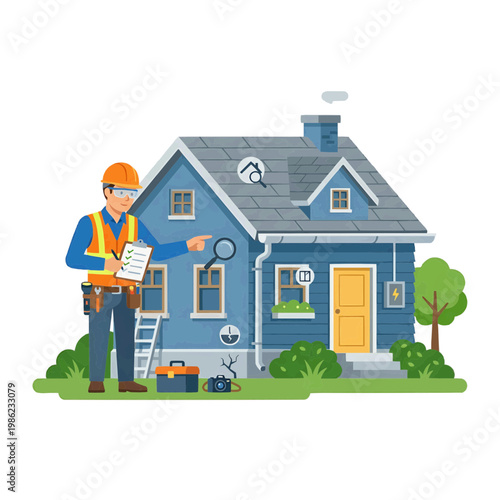 An inspector with his tools examines a house.