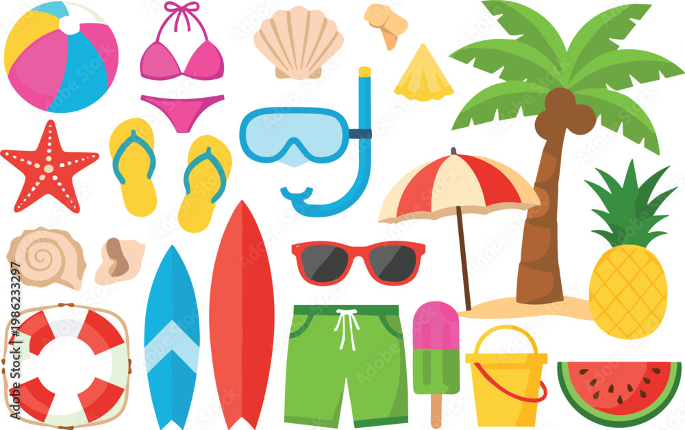 Fototapeta premium Summer Beach Elements Cartoon Set with Surfboards Palm Tree Bikini Sunglasses and Tropical Vacation Objects Illustration