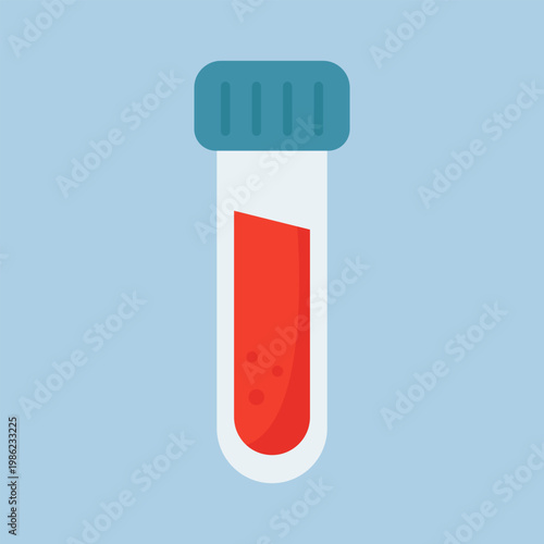 Medical test tube with blood sample for laboratory analysis. Vector flat illustration of glass vial with red liquid and blue cap isolated on background