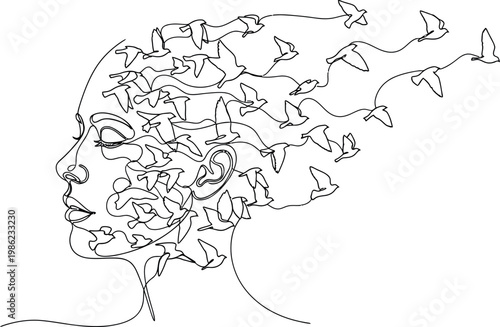 Artistic continuous line drawing of a woman profile silhouette merged with many flying birds creating a creative metaphor for freedom of thoughts and human mind