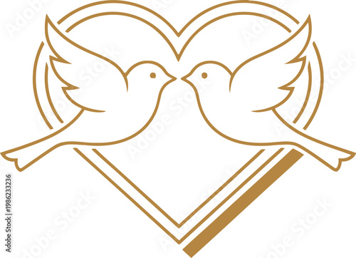 Elegant golden line art illustration showcasing two graceful doves, symbolizing love, peace, and eternal commitment, tenderly positioned within a stylized heart, ideal for romantic designs.