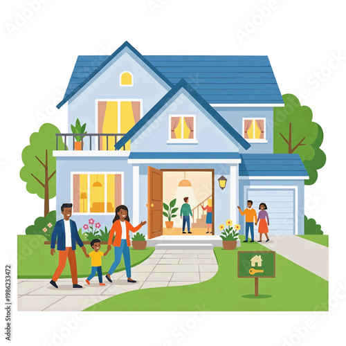 Family walking in front of a new house, a perfect house with trees in the yard.