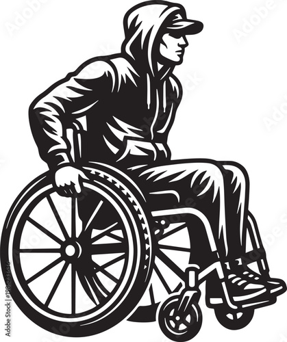 Man in a wheelchair wearing a hoodie and cap