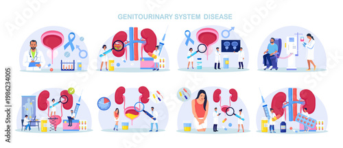 Set of Urinary Tract Infections. Kidneys and Bladder Disease Treatment. UTI Medical Concept. Nephrology, Urology. Doctor Diagnoses Pyelonephritis, Kidney Stones, Renal Failure, Cystitis