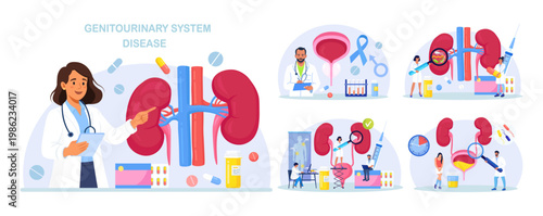 Set of Urinary Tract Infections. Kidneys and Bladder Disease Treatment. UTI Medical Concept. Nephrology, Urology. Doctor Diagnoses Pyelonephritis, Kidney Stones, Renal Failure, Cystitis