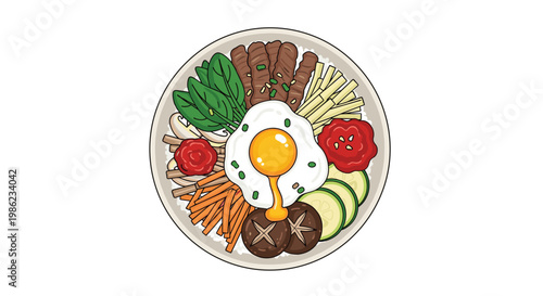 A delicious bowl of Korean bibimbap displays a central sunny-side-up egg with a dripping yolk surrounded by mushrooms and spinach on a white background.