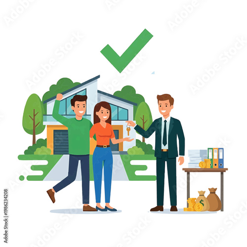 Couple receives house keys from a real estate agent. 