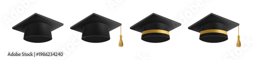 Realistic Black graduate caps set. 3D Graduation Doctoral hat.