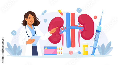Doctor Examining Kidneys and Urinary System for Infection. Awareness of Pyelonephritis and Cystitis. Nephrologist Doing Medical Research. Kidney Disease Treatment by Pharmaceutical