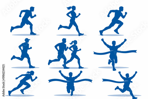 Blue Silhouettes of Running People Set, Athletes Competing in Sports Competitions, Jogging Runners and Sprinters Crossing Finish Line with Ribbon, Marathon Participants Vector Illustration