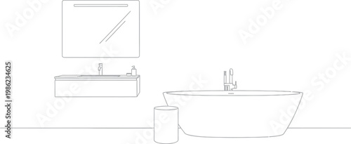 Sleek and modern bathroom interior illustration in a clean line art style, featuring a contemporary freestanding bathtub, wall-mounted sink with mirror, and minimalist aesthetic.