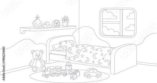 Cute children bedroom interior featuring a cozy single bed with stars and moons bedding pattern surrounded by various toys and decorations in a line art
