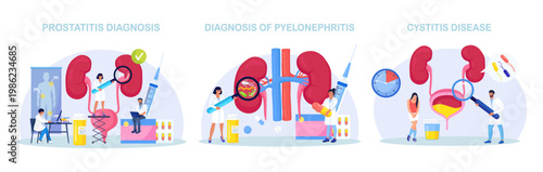 Urinary Tract Infections. Doctors Doing Medical Check of Health. Kidney Disease Treatment by Pharmaceutical. Nephrology, Urology. Diagnosis of Pyelonephritis, Kidney Stones, Renal Failure, Cystitis