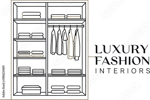 Minimalist line art illustration of a custom luxury wooden closet featuring organized shelves for clothes and hanging garments for a sophisticated modern interior design project