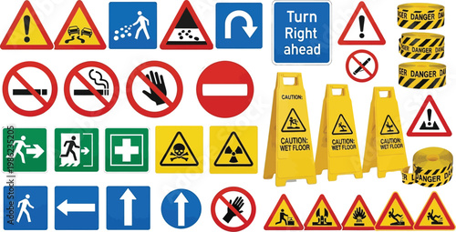 Safety signs communicate workplace hazard alerts.