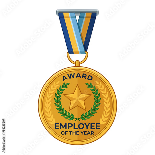 A gold medallion award with blue and yellow ribbon. Employee of the Year engraved on the face. 