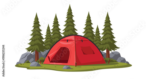 A vibrant red dome tent stands prominently in a lush green forest clearing surrounded by tall pine trees and large grey rocks under bright light.