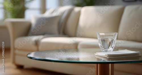 Close-up of a glass of water on a glass coffee table with a beige sofa and cushions in a softly lit living room