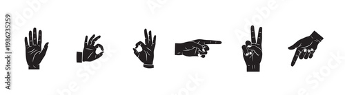 Diverse set of human hand gestures and poses in black silhouette vector icons. Collection of various black silhouette icons representing essential human hand gestures, vector illustration.