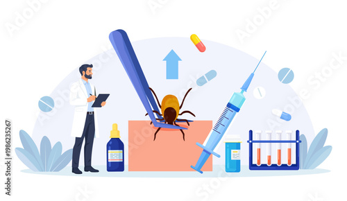 Prevention of Lyme, Encephalitis Diseases. Doctor Removes Encephalitis Ticks. Parasite Carrying Disease. First Aid with Infections Transmitted by Mites. Tick attached to skin, removed with tweezers