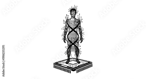 A humanoid figure made of circuit board on a microchip.