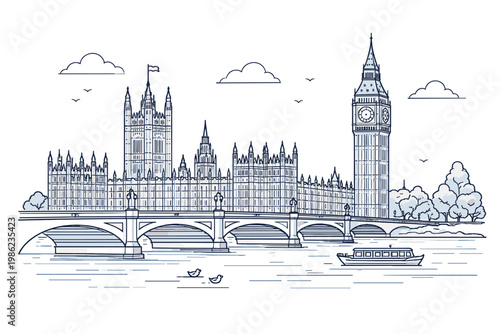 Linear Drawing of Westminster Palace with Big Ben and Westminster Bridge in London. Simple Flat Vector Illustration of the Iconic British Landmark over the River Thames with Boat and Clouds.