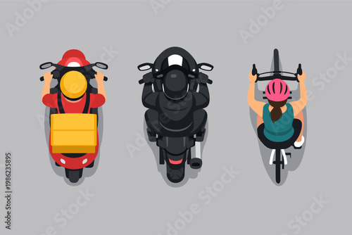 Top View Vector Illustration of People Riding Various Vehicles Including a Delivery Man on a Red Scooter with a Yellow Box, a Person on a Black Motorcycle, and a Woman Cycling on a Bicycle with a