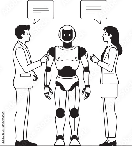 Robot, humanoid machine, talking robot, business people, communication concept, illustration
