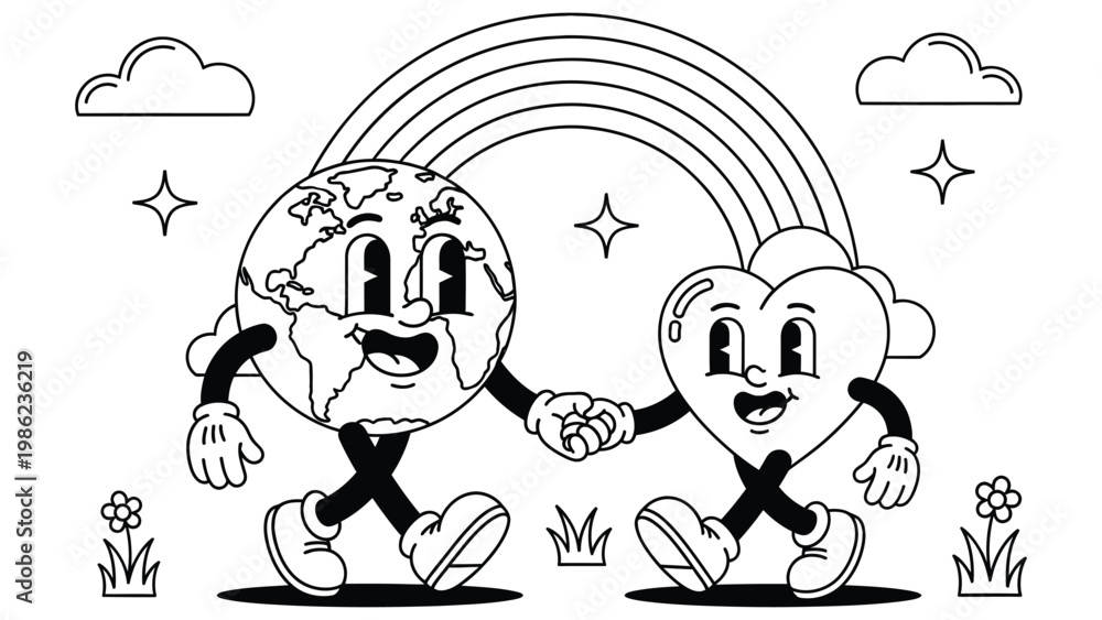 Fototapeta premium Black and white line art illustration of cute Earth and heart characters holding hands under a rainbow. Ideal for coloring pages, kids activities, educational worksheets, and Earth Day themed material