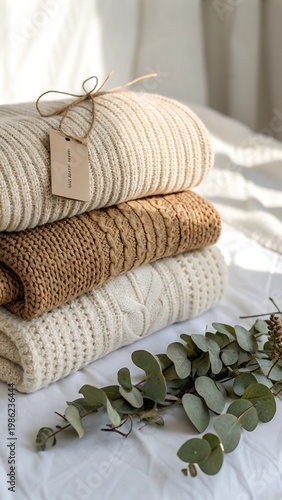 Cozy stack of knitted sweaters with eucalyptus and gift tag