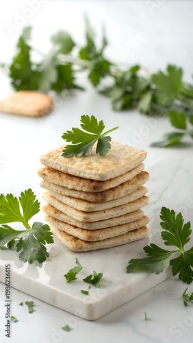 Stack of square crackers garnished with fresh parsley on marble