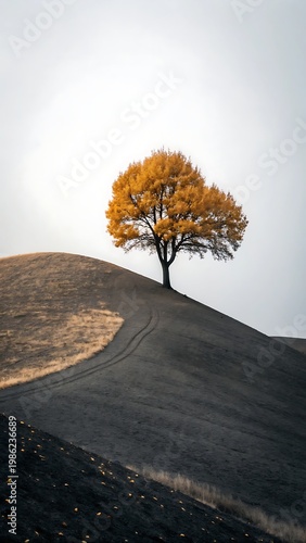Solitary golden tree stands on a rolling hill under a pale sky