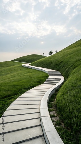 Curving concrete pathway with steps leading up a grassy hill
