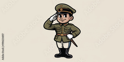 Cartoon soldier character in uniform holding a gun in vector illustration style