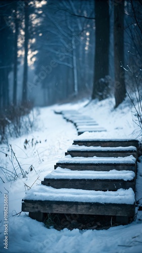 Wooden steps covered in fresh snow lead up a winter forest path